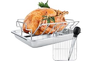 DOLAMOTY Stainless Steel Turkey Roaster Roasting Rack with Pan, Poultry Roaster Rack Roasting Pan for Smoker Smoking and Grilling/Dual Purpose fit for Oven, Large Big Green Egg and Kamado Joe Etc