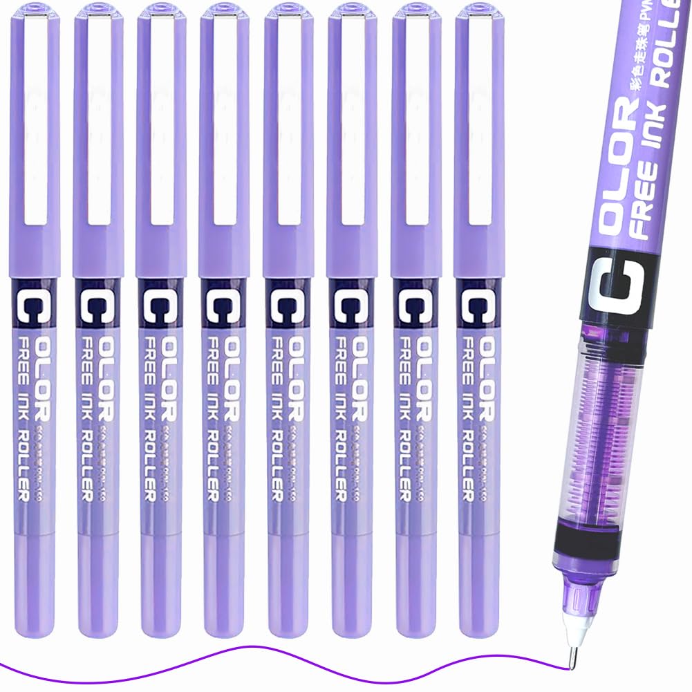 8 Purple Pen, Back to School Supplies, Smooth Writing Purple Pens for School, 0.5mm Rollerball Ink Pens for Writing, Marking, Colouring, Kids, Adults, Office Stationery Supplies set
