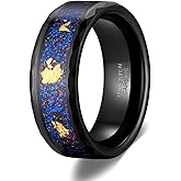 TRUMIUM Mens Wedding Rings 8mm Galaxy Opal and Meteorite Inlay Black Tungsten Carbide Ring Engagement Band Beveled Edges Comfort Fit Size 6-13