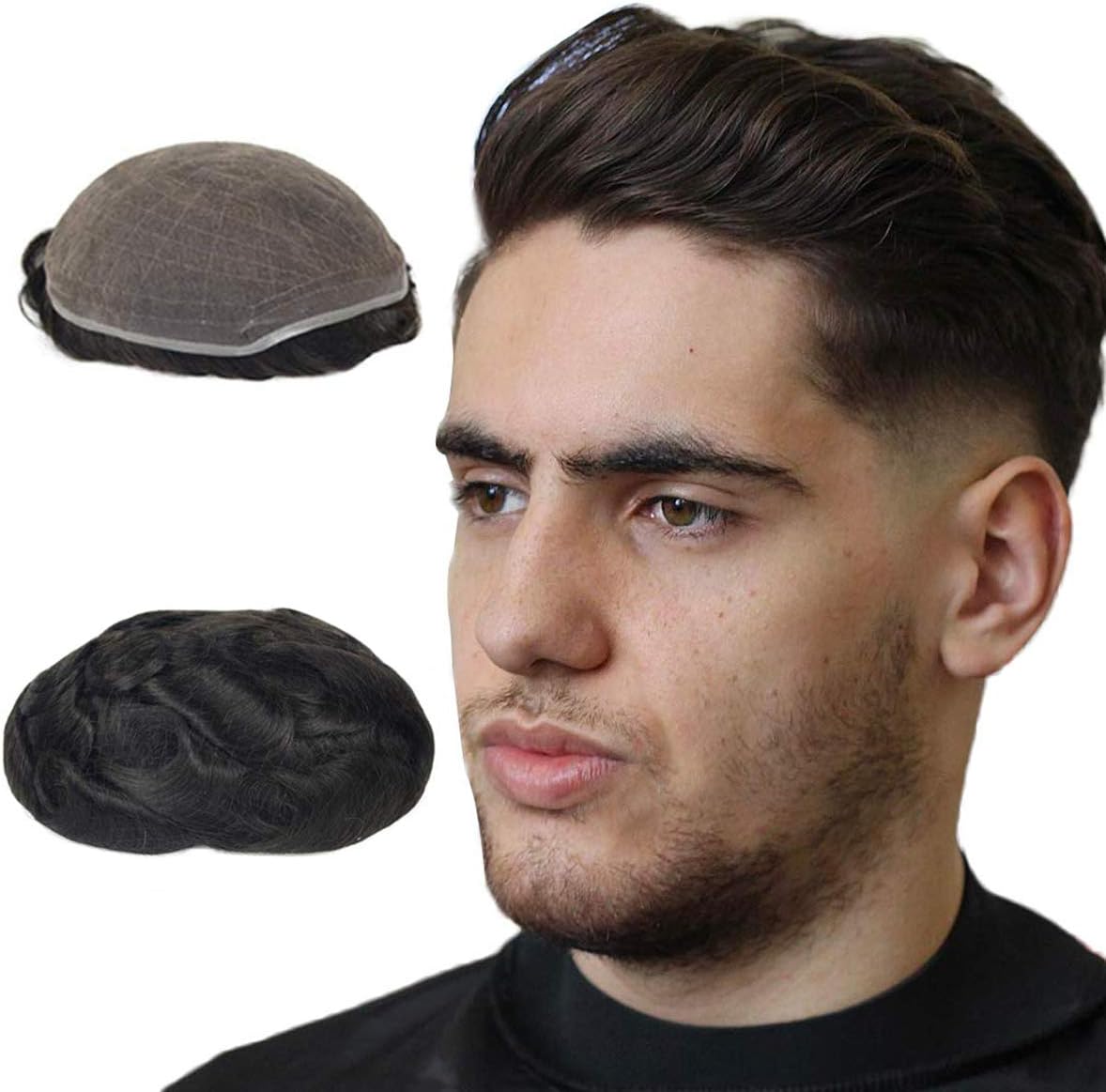 Human Hair Toupee for Men 6x8 Inch Full French Lace Cap European Virgin Hair Men's Wigs Hairpieces Replacement System Natural Wave Off Black(#1b)