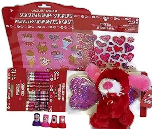 Valentine's Day Kids Bundle Pack 6 Piece Set Stickers Notepads Pencils Stamps Plush 5" Puppy Scratch &amp; Sniff Stickers