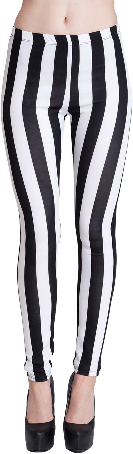 Woman Black & White Vertical Striped Leggings, Made in USA