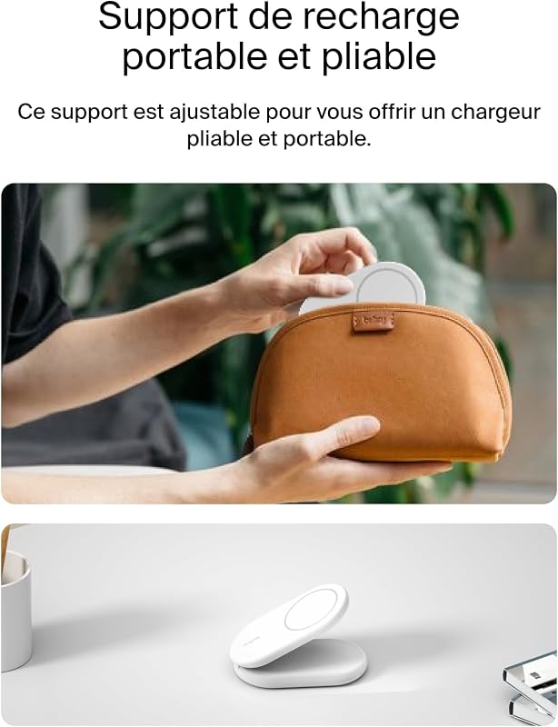 BoostCharge Socle de Recharge 2-en-1 aimanté et Pliable Qi2, 15W, Compatible MagSafe Chargeur sans Fil, Recharge Rapide, Apple iPhone 17, iPhone Air, Pixelsnap, Adaptateur Inclus - Blanc