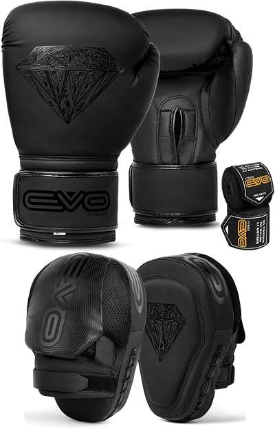 EVO Fitness Matte Boxing Pads and Gloves Set 12oz Gloves Matte Black