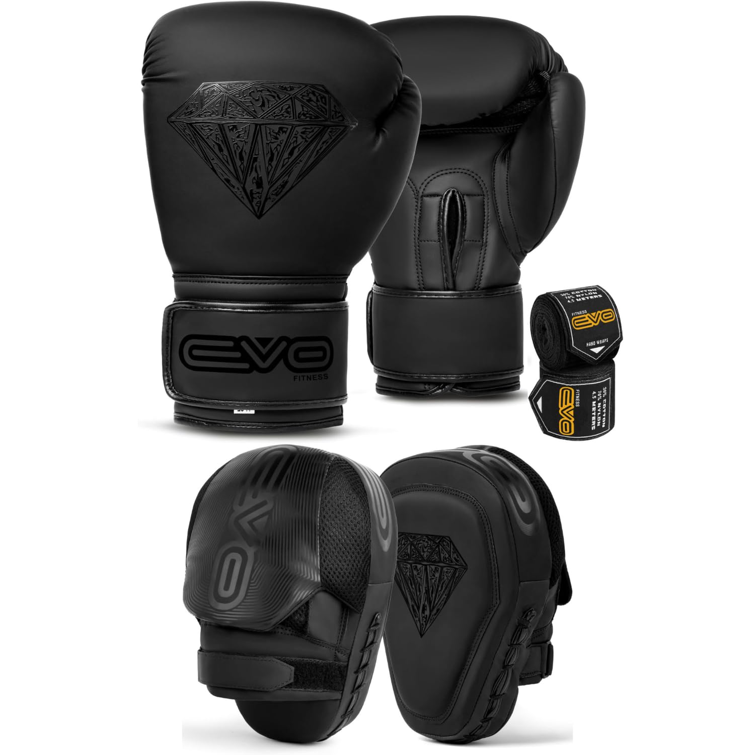 EVO Fitness Matte Boxing pads and Gloves Set Target Focus pads Mitts and Boxing Gloves Hook and Jab Training Sparring MMA Martial Arts Muay Thai Kickboxing Karate (Matte Black, Deal with 12oz Gloves)