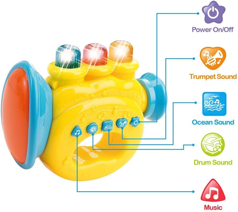 WEofferwhatYOUwant Baby Trumpet - Musical Toy with LED Lights, Classic Songs, Ocean & Drum Sounds, Yellow, Green - Image 4