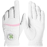 Womens Golf Glove with Clover Ball Marker 1 Pack, All Weather Grip Microfiber & Leather Gloves for Ladies, Comfortable Breathable Fit for Left Hand or Right Hand in White Pink