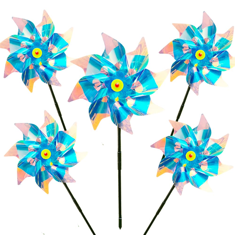 Reflective Bird Scarer Windmill,Repellent Windmills Scare Birds pigeons deterrent,Colorful Rainbow Pinwheel wind spinners for protection of garden crops, fruits, flowers, lawns (5Pcs-G)