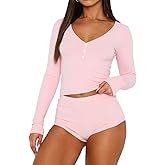 LEEDYA Womens 2 Piece Pajama Sets Sexy Y2k V Neck PJ Shorts Long Sleeve Crop Tops Lounge Set Sleepwear with Button Down