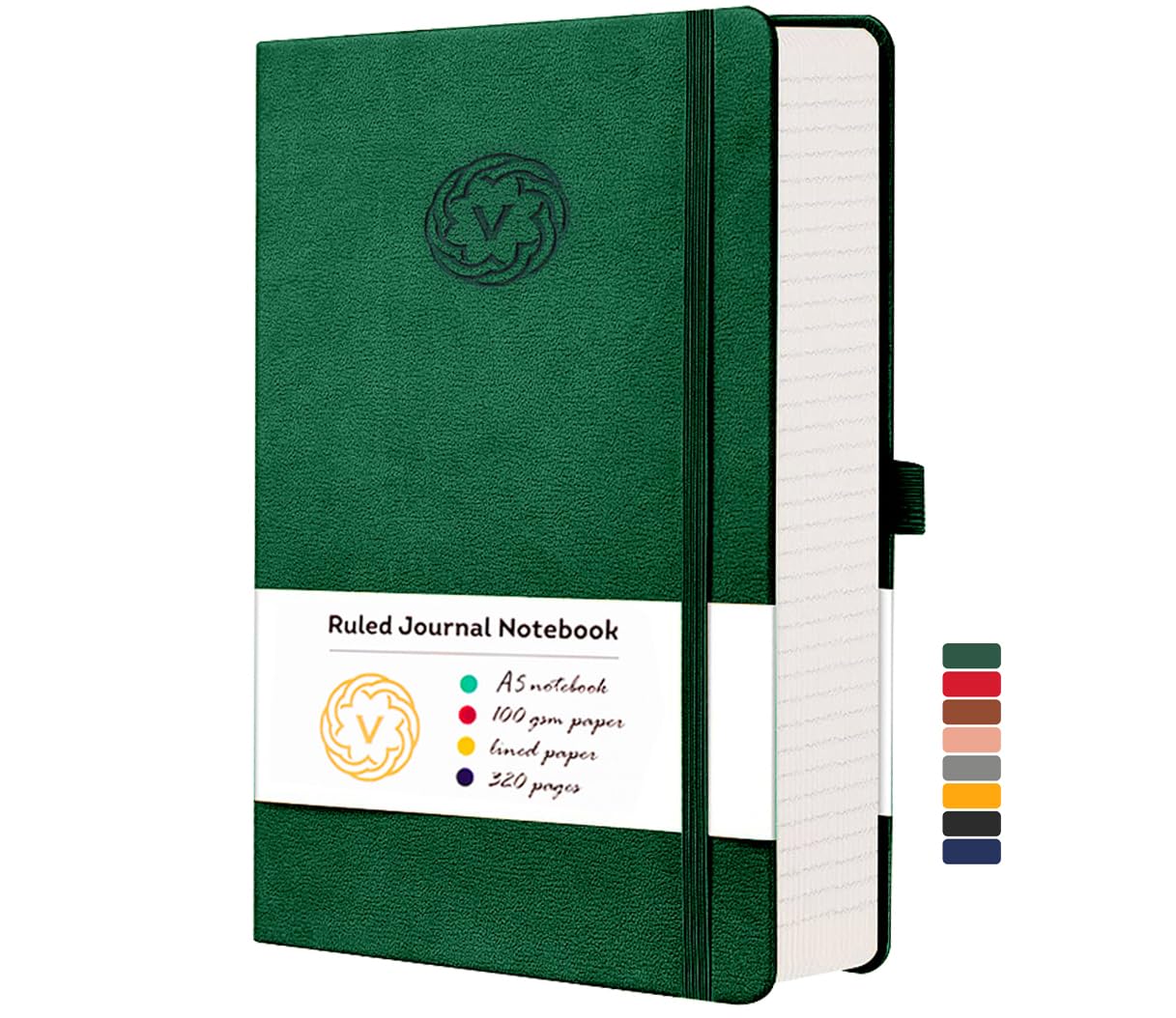 VABE UK A5 Journal Notebook Lined Notepad 320 Pages - 100gsm Hardcover Writing Notebook, Classic Casebound Lined Journal with Elastic Closure, Inner Pocket, Pen Loop & Sticky Notes (A5, Green)