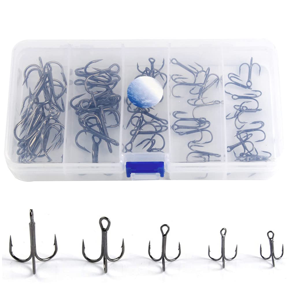 Bhina 50 Pcs High Carbon Steel Treble Hooks,Treble Fishing Hooks Kit,Fishing Hooks,Treble Hook,Pike Fish Hook,With Fishing Tackle Box,Suitable For Lake Fishing,River Fishing,Sea Fishing