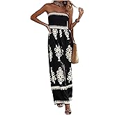 SweatyRocks Women's Tribal Print Strapless Jumpsuit Smocked Wide Leg Vacation Boho Jumpsuits