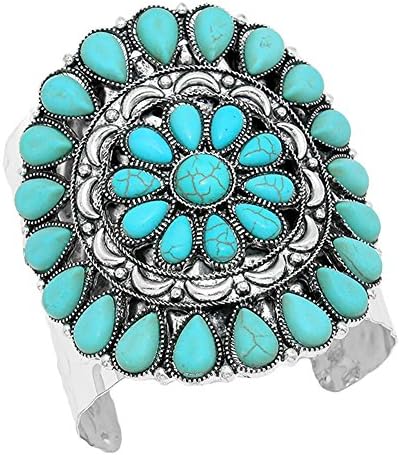 Aris Chunky Metalwork Cabochon Squash Blossom Turquoise Stone Cuff Bracelet Bundle: Bangle & Bag (Heavy Turquoise)