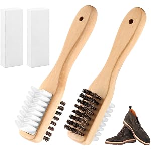 2 Pcs Suede Brush and Eraser Set, Suede Shoe Cleaner with Crepe & Brass Bristle Brush, Wooden Long Handle Dual Sided Suede Sh
