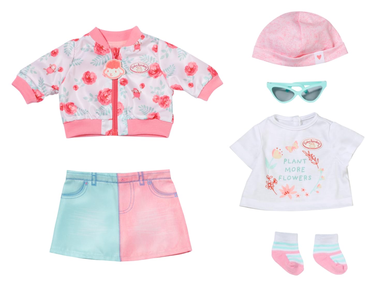 Baby Annabell Deluxe Spring Outfit 43cm - For Dolls - Easy for Small Hands, Creative Play Promotes Empathy & Social Skills, For Toddlers 3 Years & Up - Includes Jacket, Shirt, Skirt, Sunglasses & More