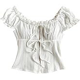 SweatyRocks Women's Bow Tie Front Ruched Blouse Puff Sleeve Square Neck Summer Cute Tops