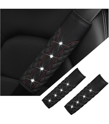 2 PCS Bling Car Seat Belt Covers - Sparkly Leather Shoulder Pads With Rhinestones, Universal Fit (Black)