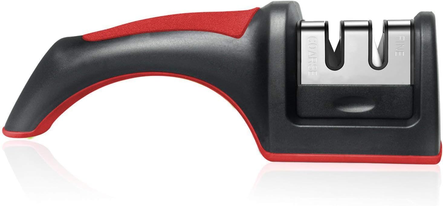 HOMIZE Knife Sharpener, 2 Stage Kitchen Sharpening System for Knives, (Handy Non Slip, Red)
