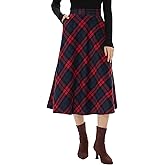 Xaatren Women's Long Plaid Skirt, High Elastic Waist Fall Winter A Line Pockets Flared Pleated Vintage Maxi Wool Zipper Skirt