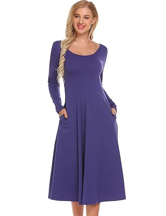 Parabler Damen Rundhals Skaterkleid Midikleid Langarm Fattern Stretch Basic Kleider mit Taschen