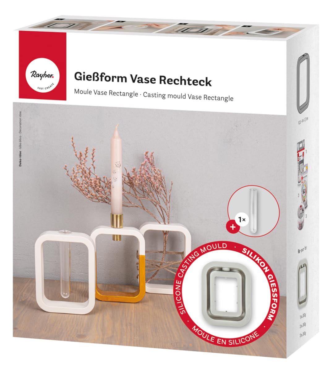 Rayher Silicone Mould for Modern Single Stem Vase, Mould for DIY Candlestick Holder, Rectangle Base Mould for Small Glass Vase for Fresh and Dried Flowers, 10.5x3.7x14cm, 36135000