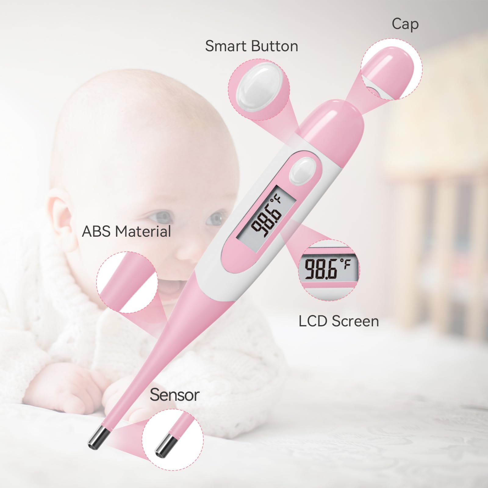 Clinical Digital Thermometer for Adults and Babies, Oral Armpit and Rectal Temperature Thermometer for Fever with Alarm, Flexible Tip