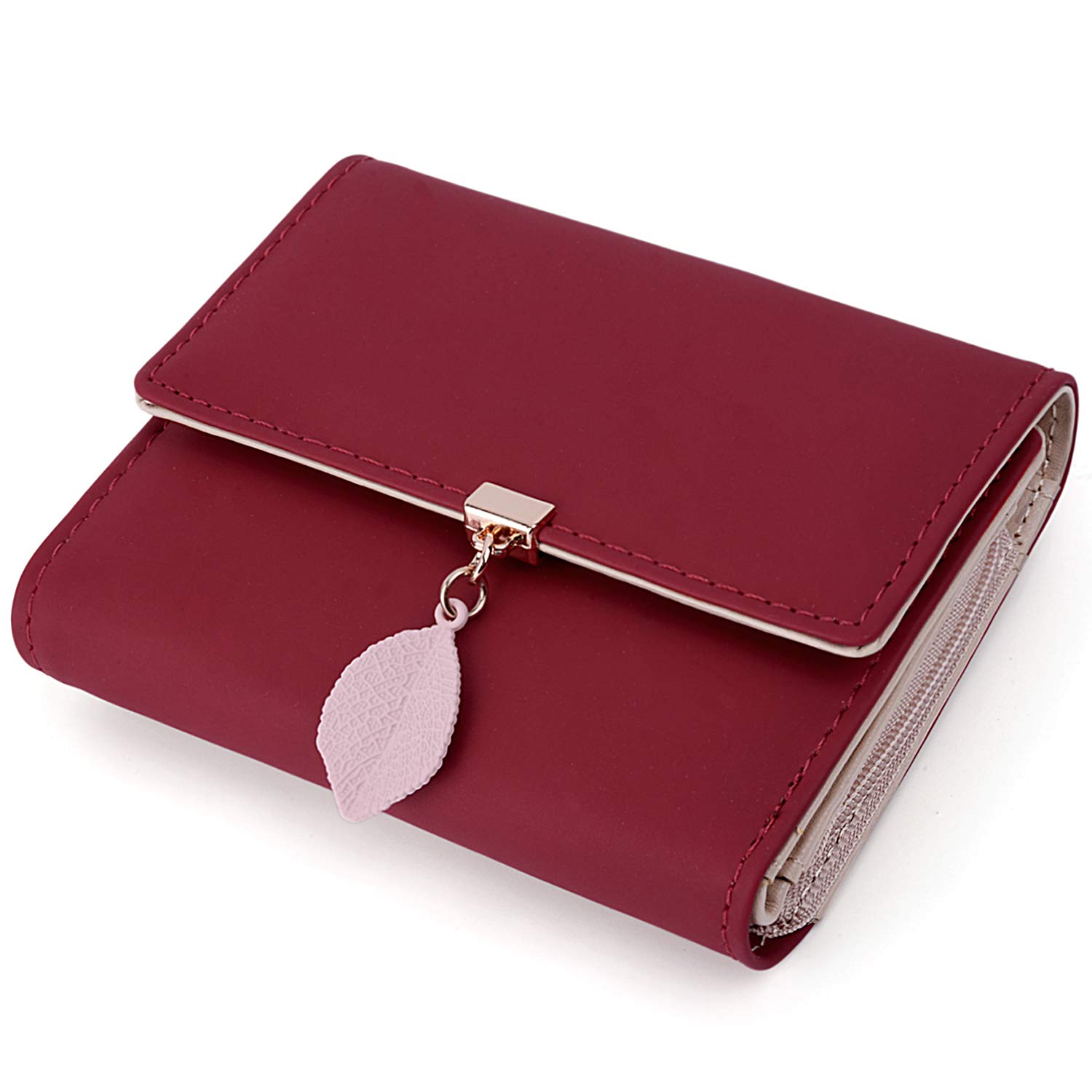 UTO Ladies Purses RFID Blocking Wallets for Women with Zipper Coin Pocket 6 Card Slots Leaf Pendant Faux Leather Wine Red