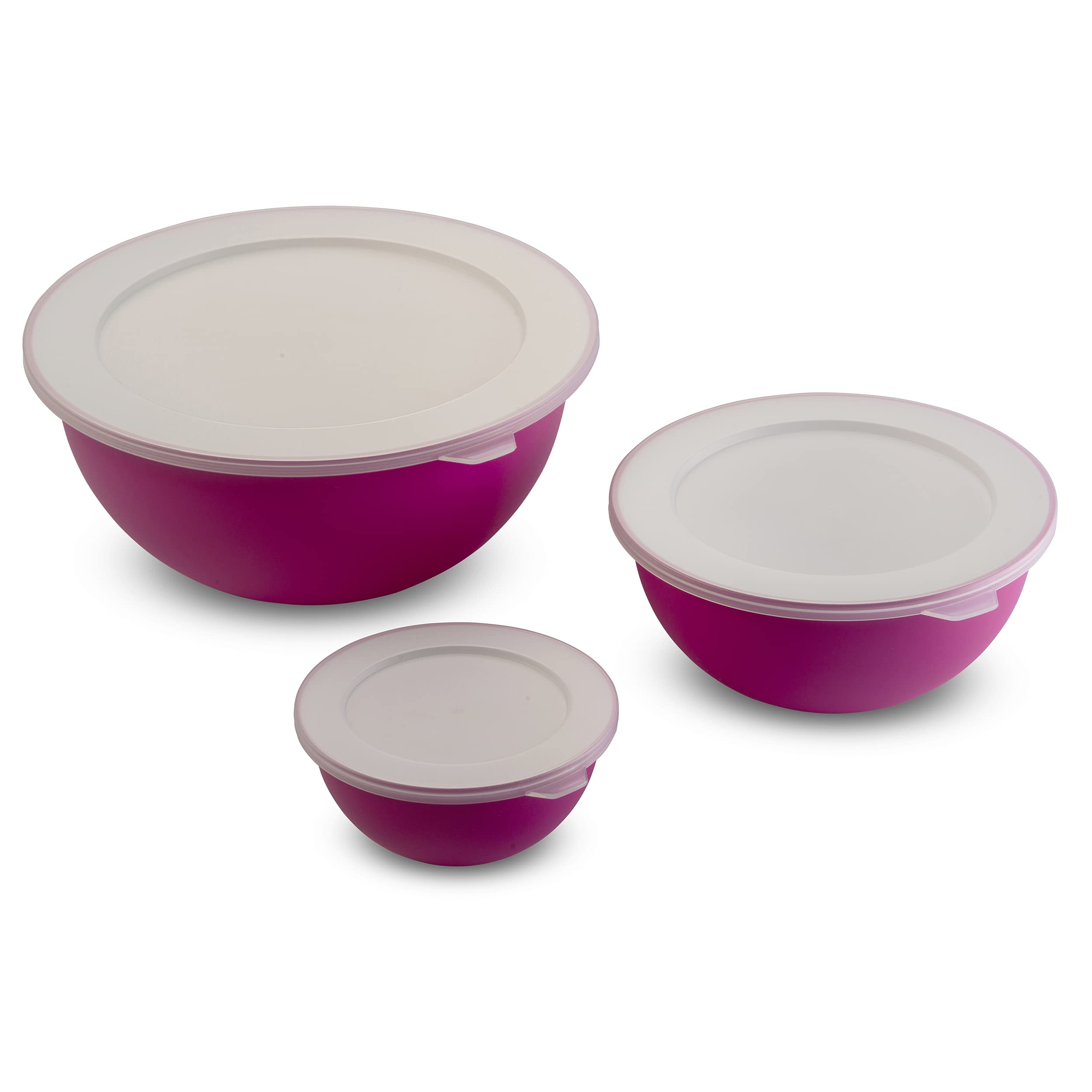 Omada Design, Set of 3 Salad Bowls with Lids (16.91oz - 50.72oz - 118.35oz) White Interior and Colourful Exterior, in Antibacterial Material, Sanaliving Line (Fuchsia)