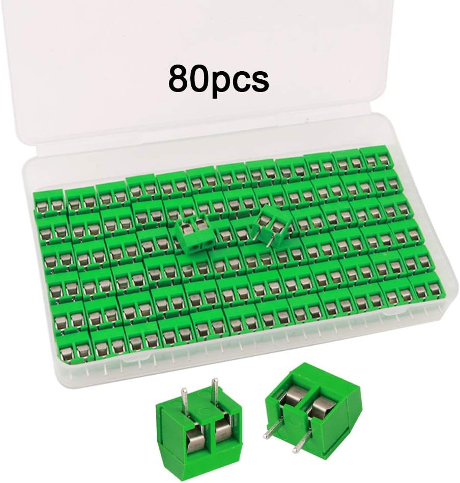 QitinDasen 80Pcs 2 Pin PCB Screw Terminal Block 5.08mm Pitch 300V 10A Green