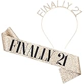 "Finally 21" Sash & Rhinestone Headband Set - 21st Birthday Gifts Birthday Sash for Women Birthday Party Supplies (Gold Glitter/Black)