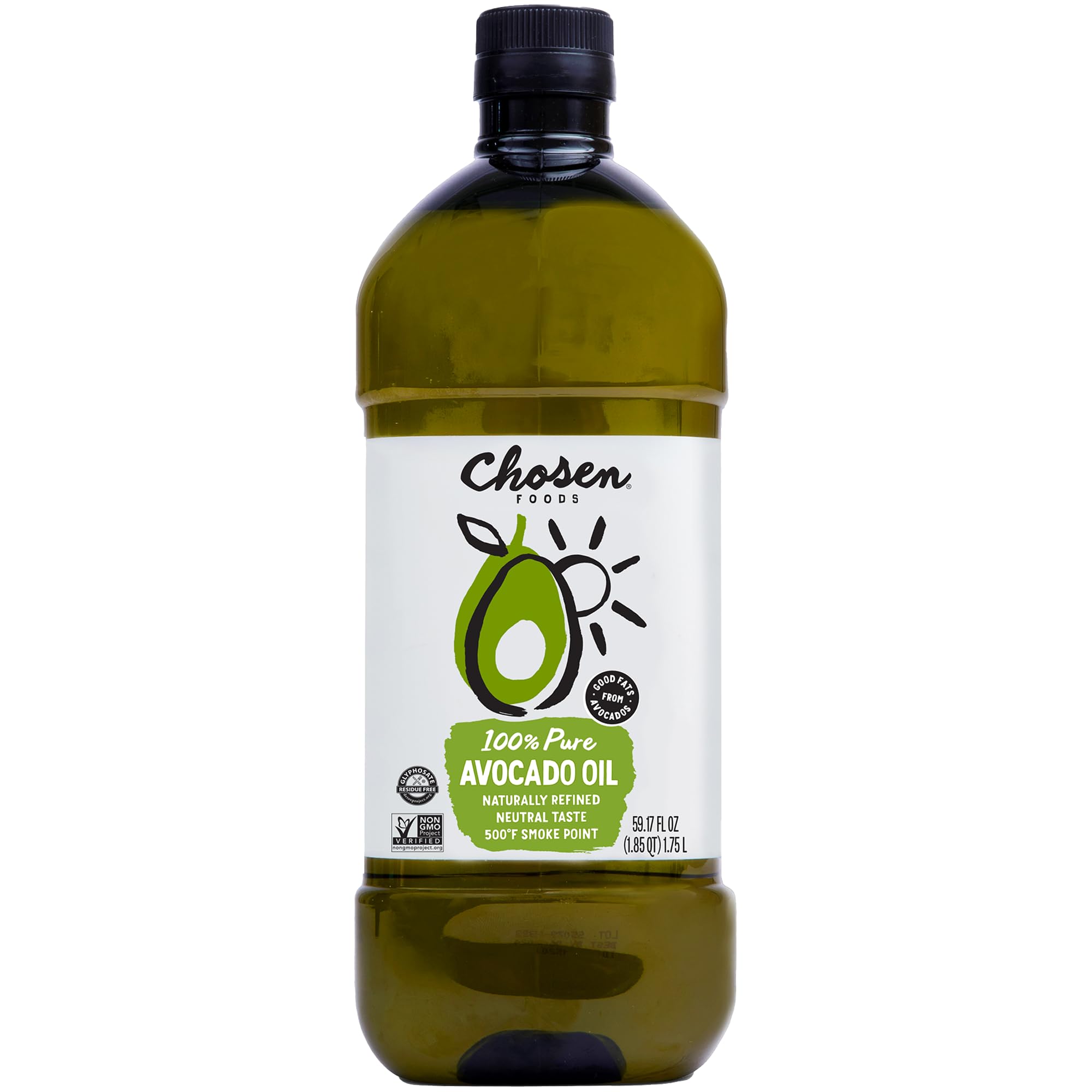 Chosen Foods 100% Pure Avocado Oil for Cooking - 1.75L - Made With Good Fats from Avocados, Naturally Refined, Never Adulterated, High Smoke Point, Non-GMO, Soy-Free, Canola Oil-Free, Gluten-Free, Keto Image