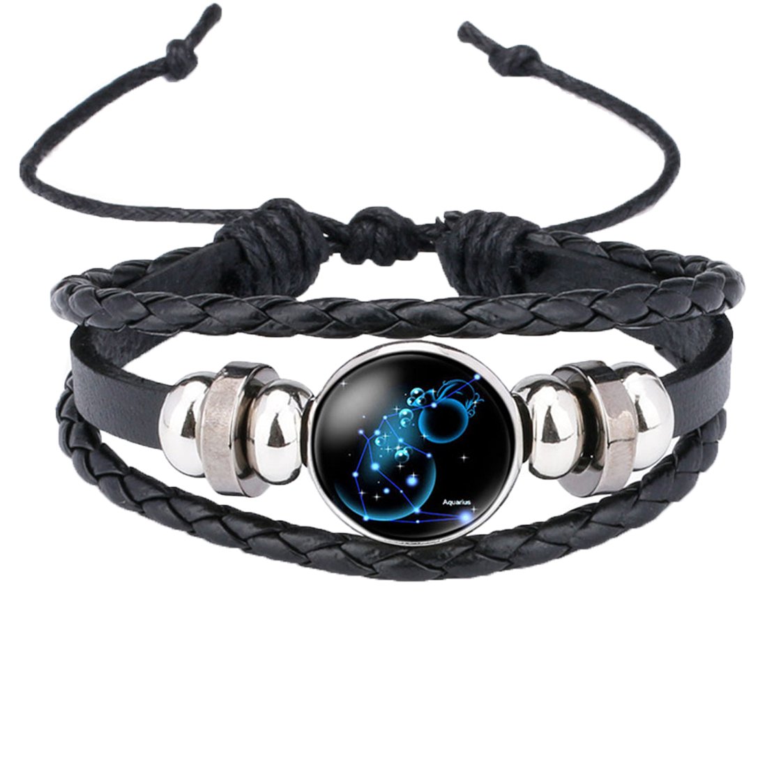 Caimeytie Braided Bracelet Adjustable Constellation Signs of Zodiac Clear Glass Charm Time Gems Serie-Aquarius