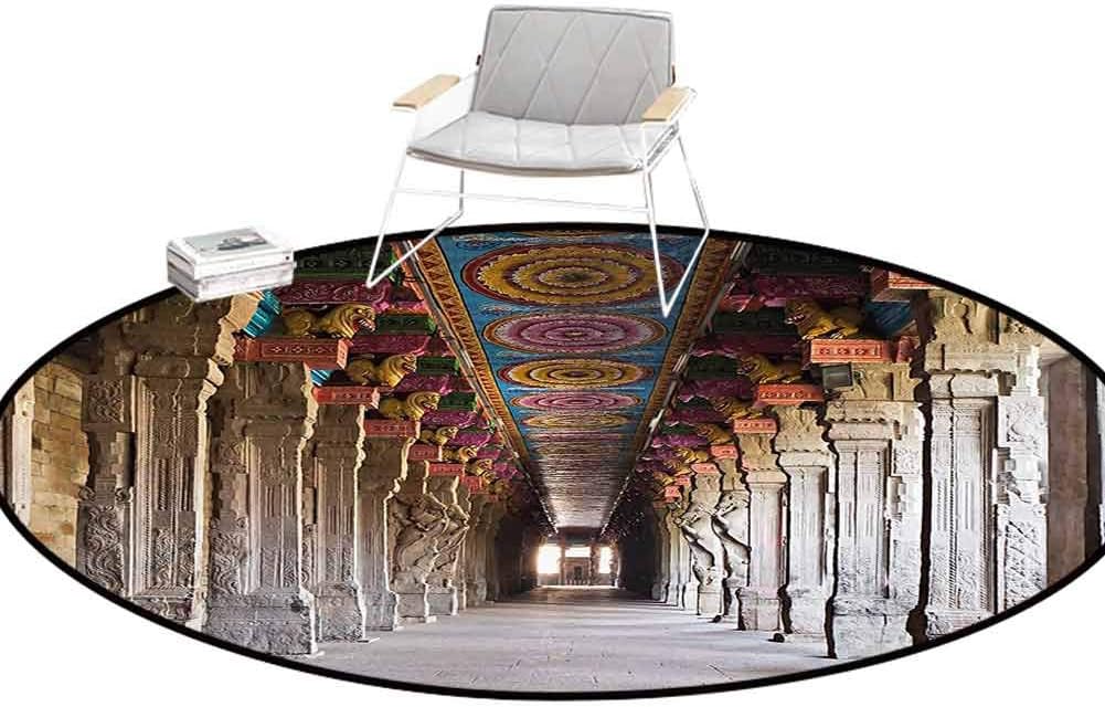 Kitchen Carpet Pillar Decor Spiritual Theme Inside of Old Meenakshi in South India Digital Image Light Grey Kitchen Rugs Round 6.7'Diameter