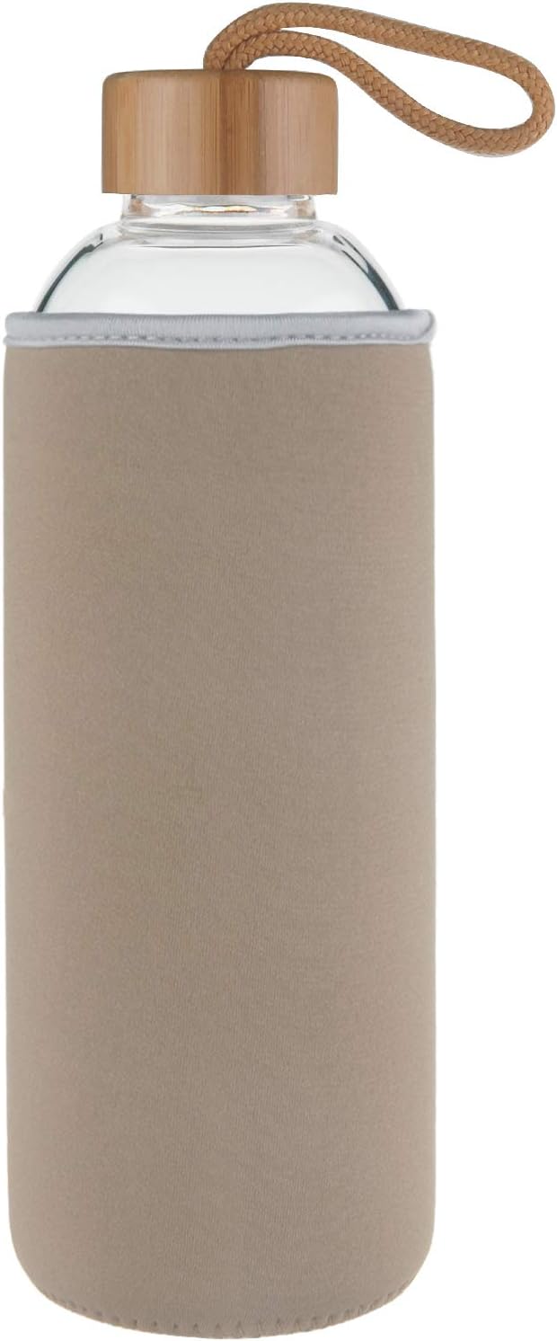 Ferexer Sports Borosilicate Glass Water Bottle with Bamboo Lid with Neoprene Sleeve 1000 ml / 550 ml