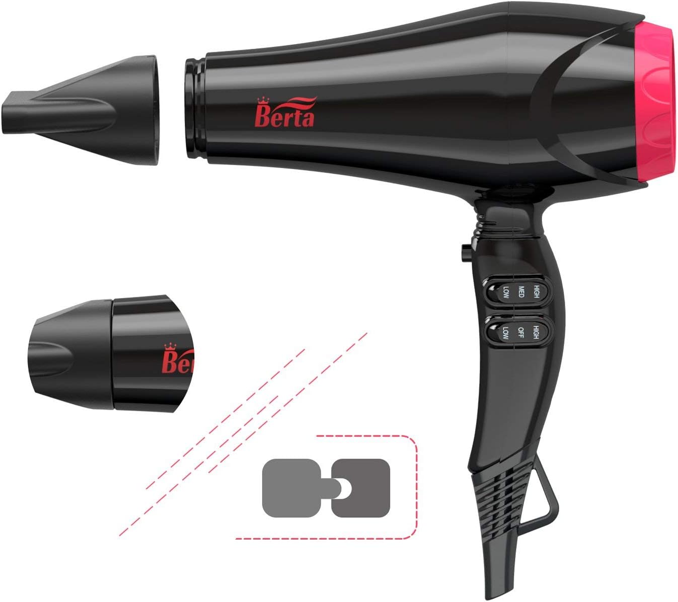 BERTA1875W Professional Salon Hair Dryer Negative Ionic Blow Dryer, 2 Speed 3 Heat Settings Cool Button with AC Motor, Concentrator Nozzle and Filter, Black