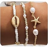 Quivox Beach Jewelry Accessories for Women,Trendy Gold Seashell Starfish Bracelet Set Charm Pearl Beaded Layered Bracelets,Boho Stackable Stretch Bracelets