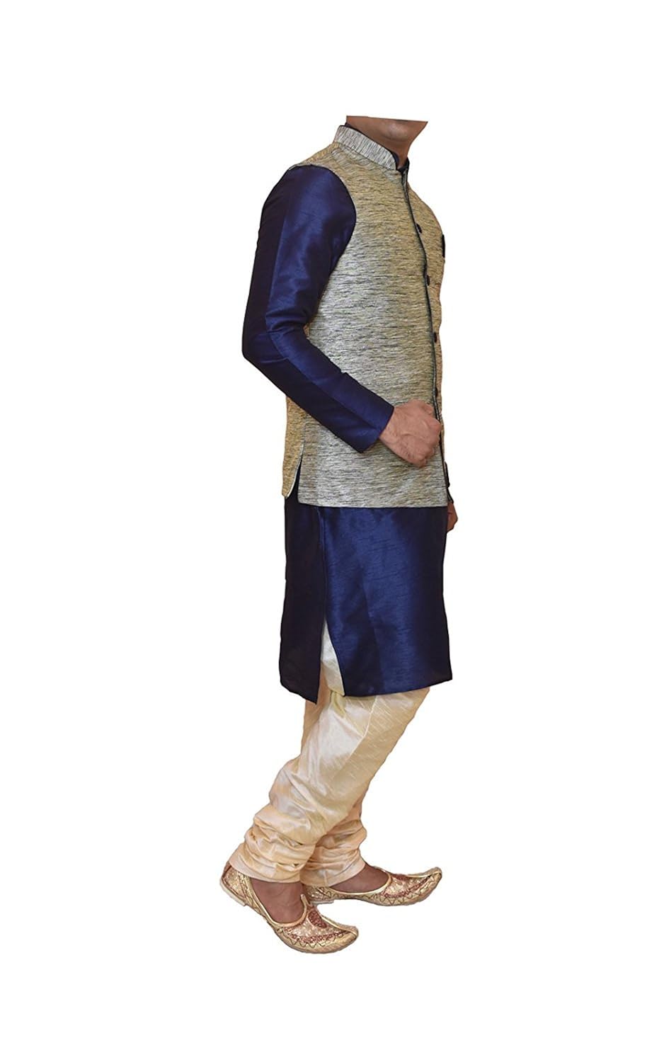 modern garments navy blue kurta golden churidar pyjama with waistcoat