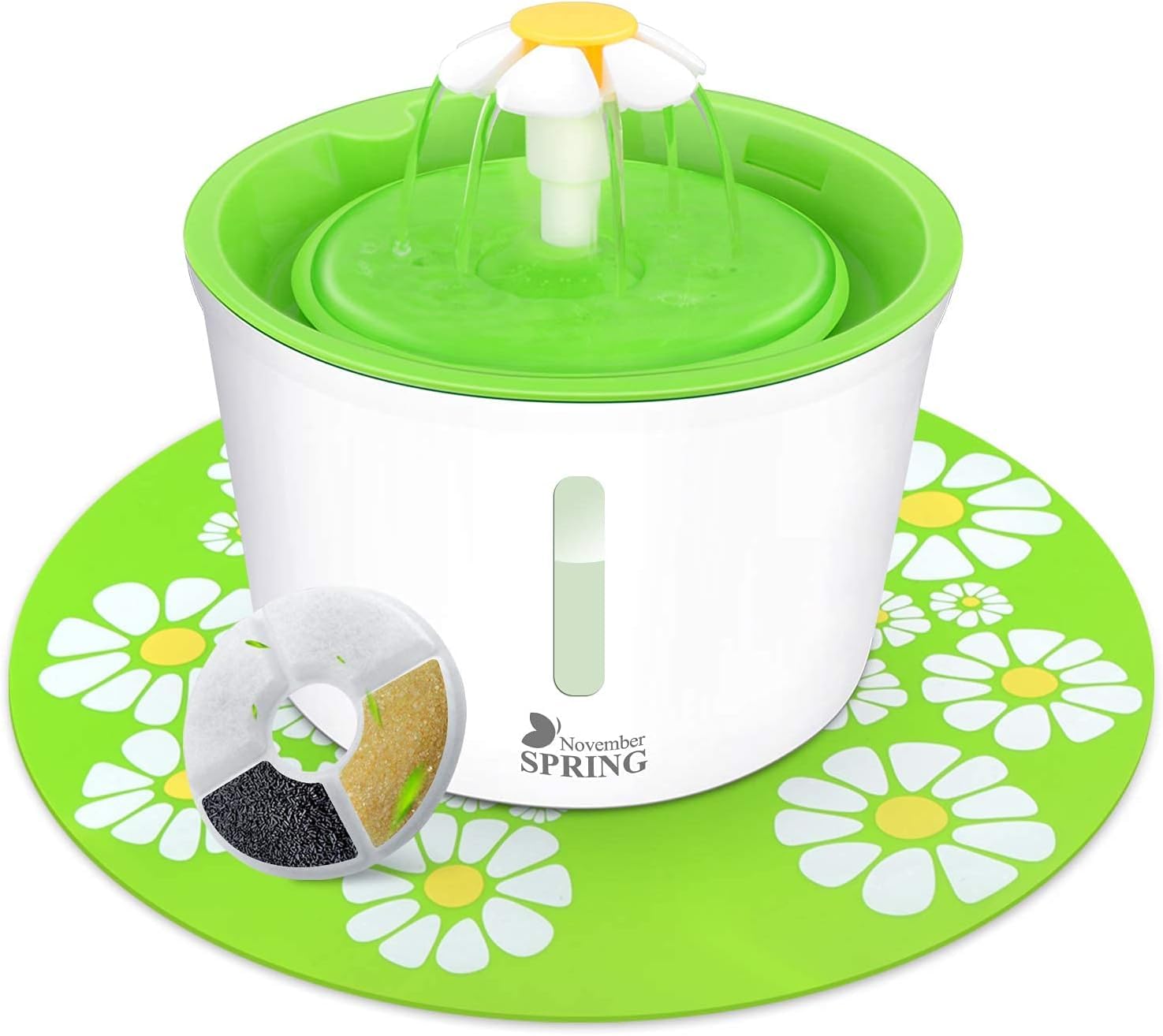 November Spring Pet Water Fountain with Level Window - Ultra Silent Cat Waterfall With Carbon Filter, 3 Modes Drinking System, Green