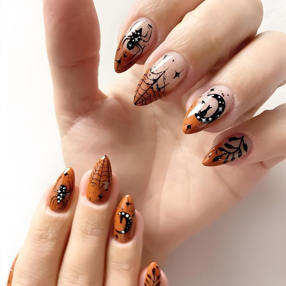24Pcs Halloween Press on Nails Almond Short Fake