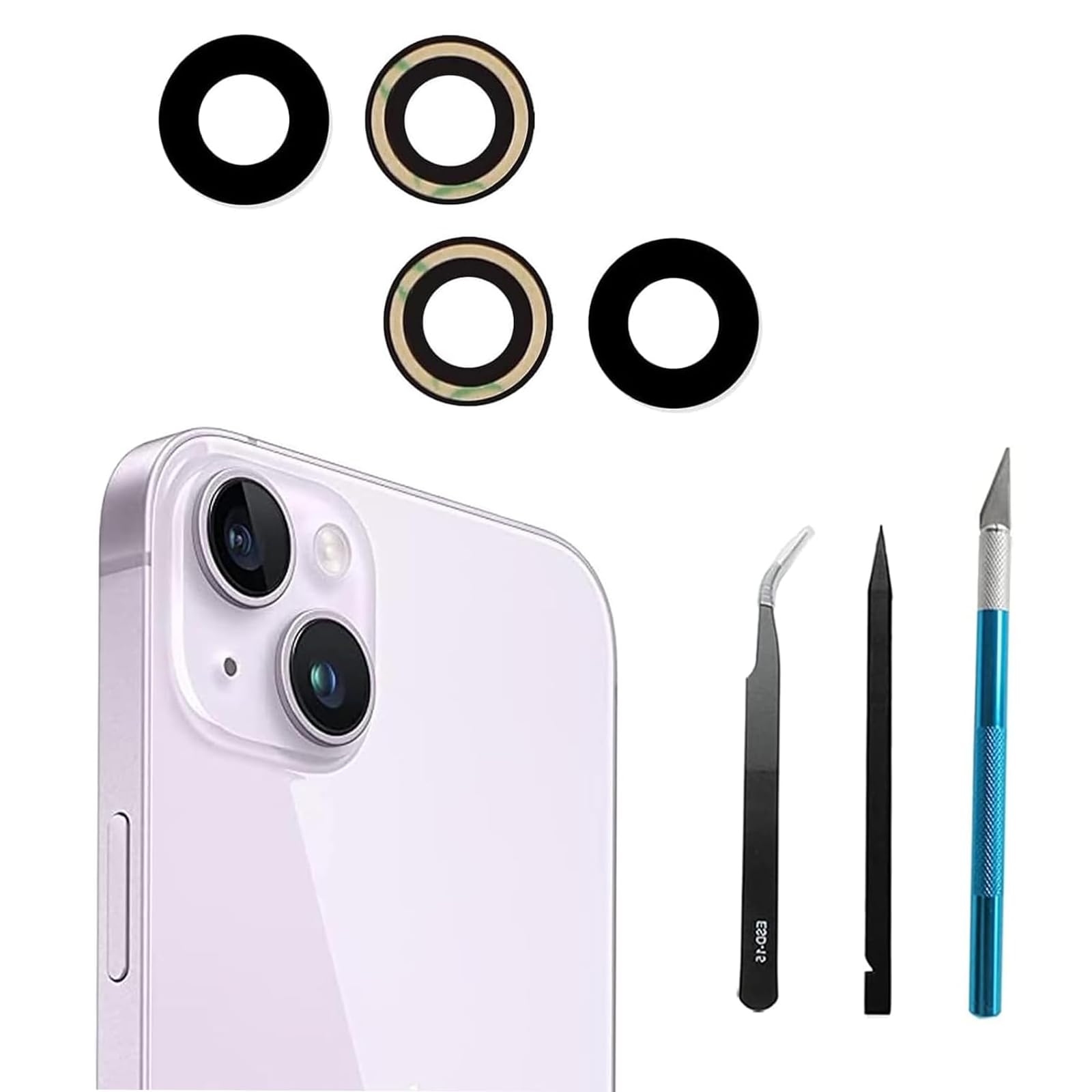 Mingxiong 2Pcs/Set Sapphire 14/14 Plus Rear Back Camera Glass Lens Replacement for iPhone 14 for iPhone 14 Plus Camera Glass Lens Replacement + Repair Tool kit Set,Anti-lens scratch