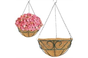 THIKDIKAKT 2 pack Metal Hanging Planter Basket with Coco Liner Chain Round Wire Plant Holder Flower Pots Hanger Garden Decoration Porch Decor Watering Hanging Baskets Indoor Outdoor (12in S Shape Green)