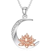 LWXIE Diamond Moon and Lotus Pendant Necklace for Women 925 Sterling Silver Lab Grown Diamond Jewelry Gifts for Her