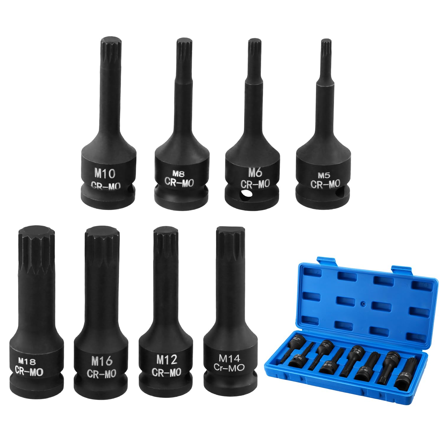 QWORK® 8-Piece Spline Bit Socket Set M5 - M18, 1/2" Drive, Chrom-Vanadium-Stahl, Multi-Tooth Socket Bit Set