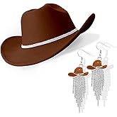 Aswitnove Cowboy Hat Rhinestone Cowgirl Boots Earrings Set Western Earring Felt Fedora Jazz Hat Rodeo Outfit for Women Size M