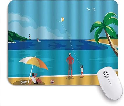 Amazon Niesikklaマウスパッド カイトを飛んで 海辺の夏休み多色でリラックスした家族の休暇イラスト ゲーミング オフィス最適 高級感 おしゃれ 防水 耐久性が良い 滑り止めゴム底 ゲーミングなど適用 用ノートブックコンピュータマウスマット Niesikkla マウス