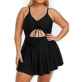 Summer Mae Women's Plus Size One Piece Swim Dress Floral Cutout Swimsuits V-Neck Bathing Suit with Skirt