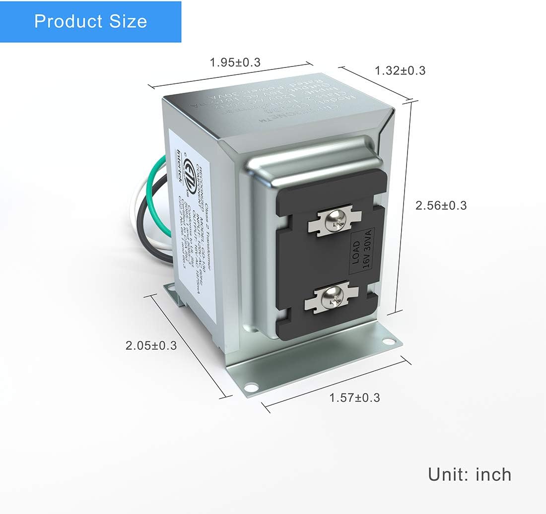 Doorbell Transformer 16V 30VA Hardwired Door Chime Transformer Compatible with Ring Video Doorbell Pro, Nest Hello Video Doorbell, ETL Certified - - 
