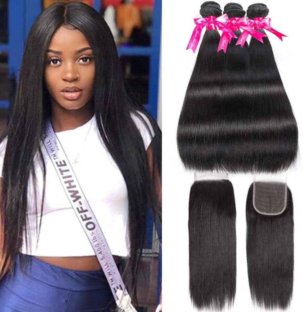 Wingirl Brazilian Straight Hair 3 Bundles with Closure Double Weft Remy Human Hair Bundles with Closure 8A Soft Brazilian Hair Bundles with Lace Closure(12 14 16 +10)