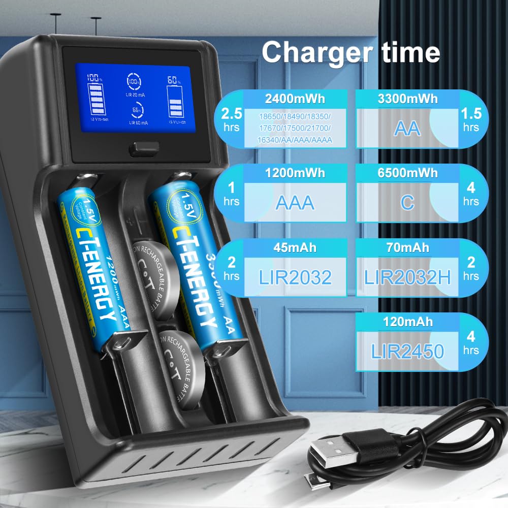 Lithium C Batteries Rechargeable 1.5V with C Flashlight Battery Charger 2 Pack