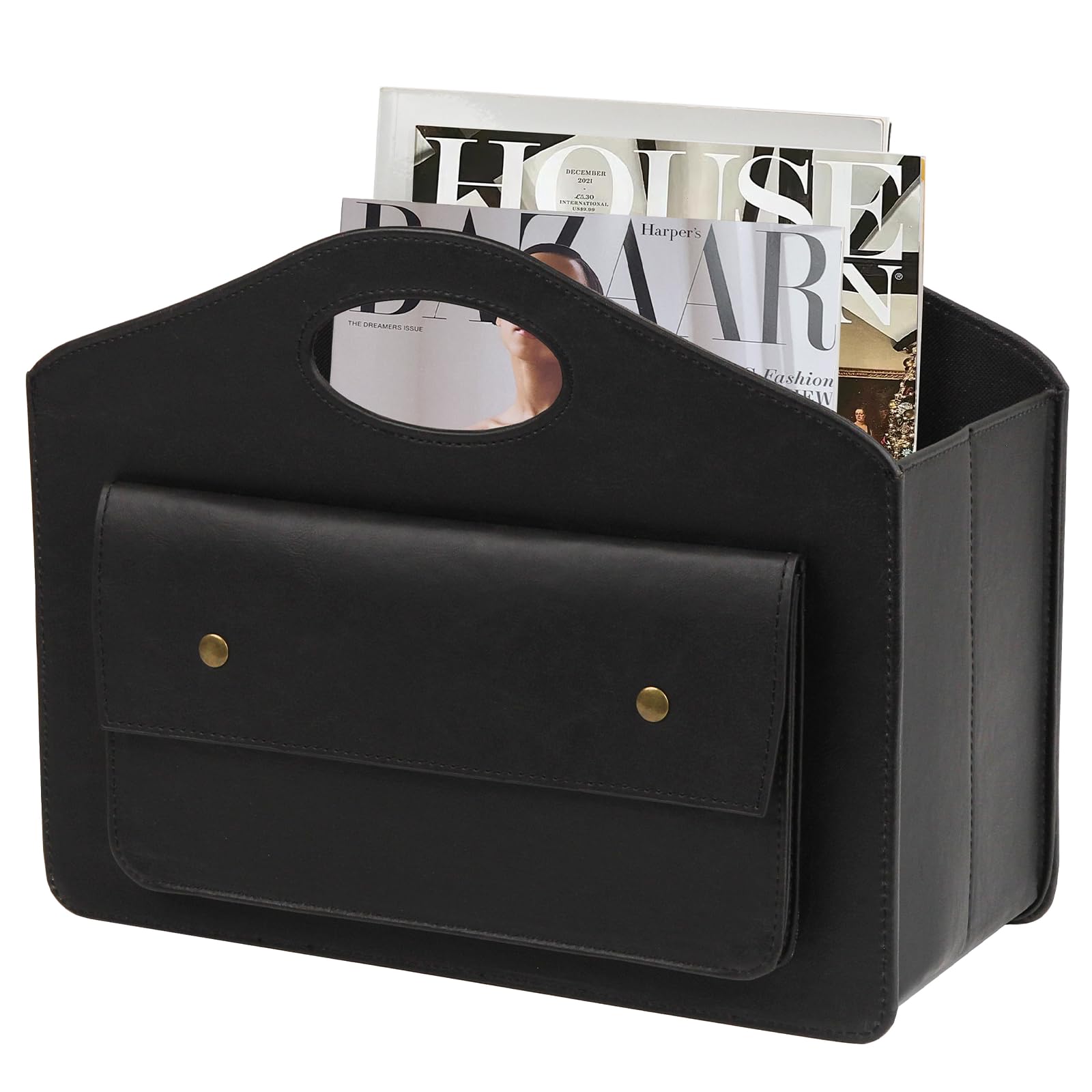 HofferRuffer Leather Magazine Holder Newspaper Rack with Handle Foldable Storage Basket with Little Front Bag Multipurpose Organizer Black 13.8*11*6 Inch